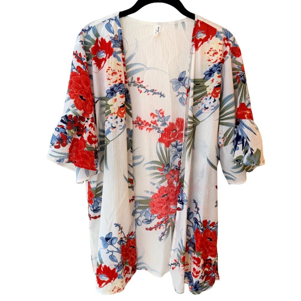 L Love, white floral, open front kimono, floral print, M, like new